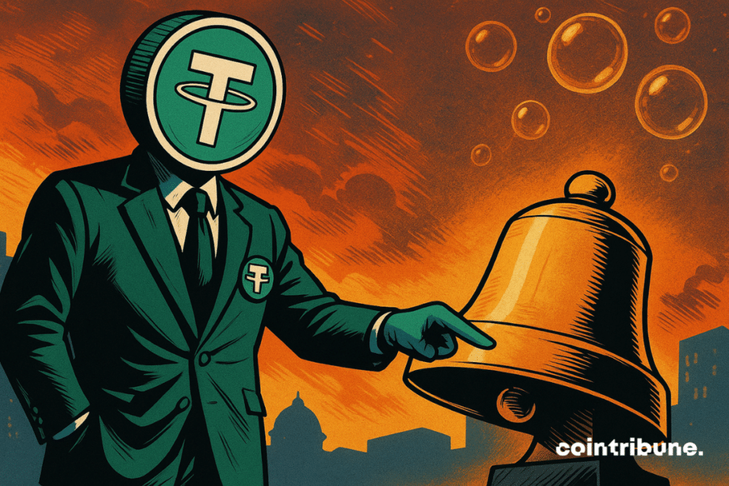 La crypto Tether sous forme humaine, costume 3 pièces, insigne “T” repousse du doigt avec un air calme une cloche d’IPO géante.
