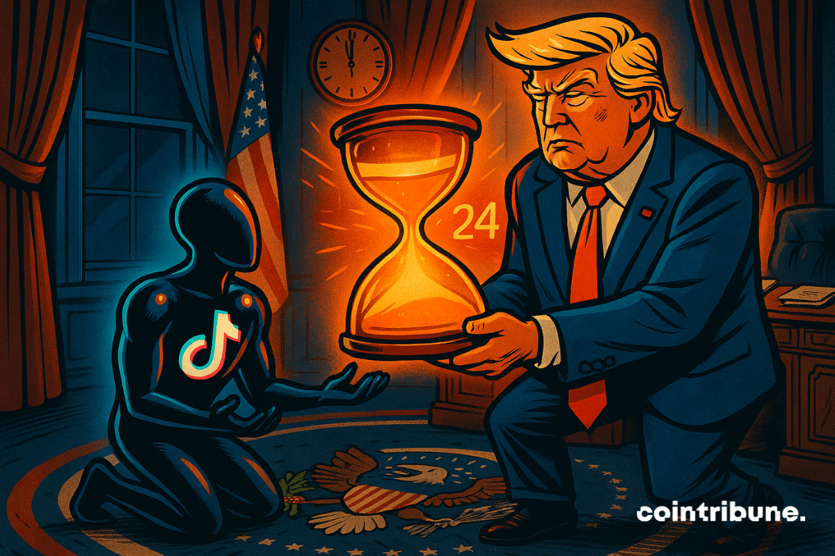 Trump hands an hourglass to TikTok, symbolizing the reprieve granted.