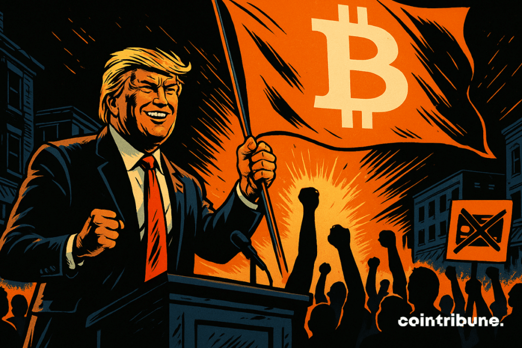 Trump with a crypto flag, banks boarded up behind.