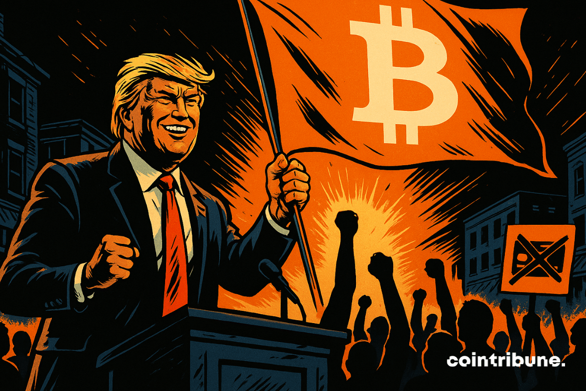 Trump avec le drapeau Bitcoin, les banques barricadées derrière.