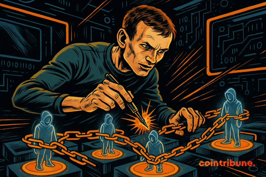Vitalik Buterin manipule des avatars numériques sécurisés par blockchain, dans un laboratoire futuriste, entouré de chaînes et d'écrans.