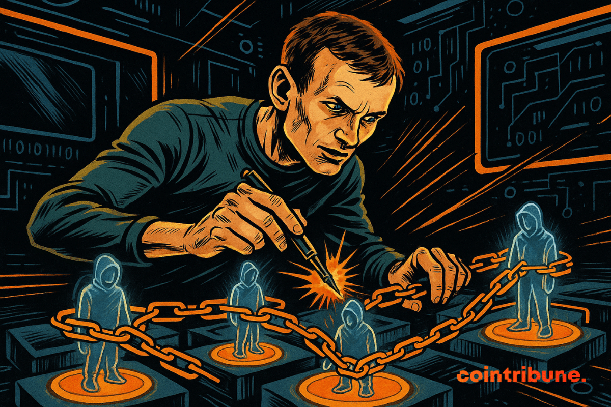 Vitalik Buterin manipule des avatars numériques sécurisés par blockchain, dans un laboratoire futuriste, entouré de chaînes et d'écrans.