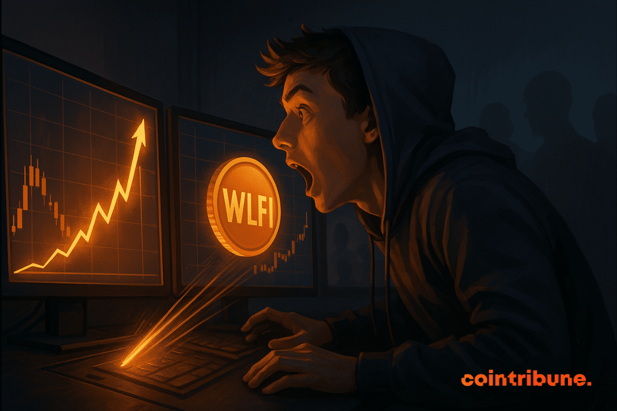 Trader chocado observa a alta do token WLFI em monitores brilhantes.