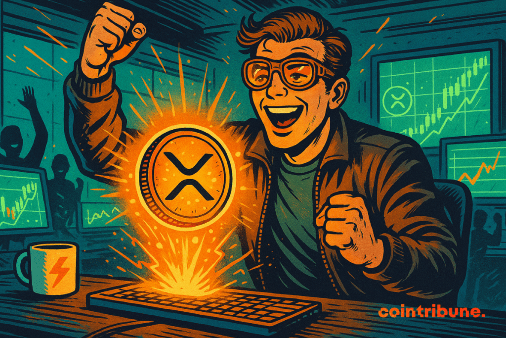 Happy crypto trader celebrating in a futuristic room as a glowing XRP coin floats above his keyboard.