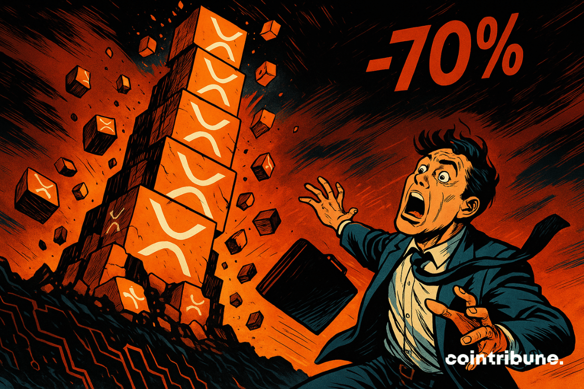 A gigantic tower made of digital blocks (blockchain-style), each one marked with the XRP logo. The tower is violently collapsing toward a digital cliff below, watched by a crypto investor.