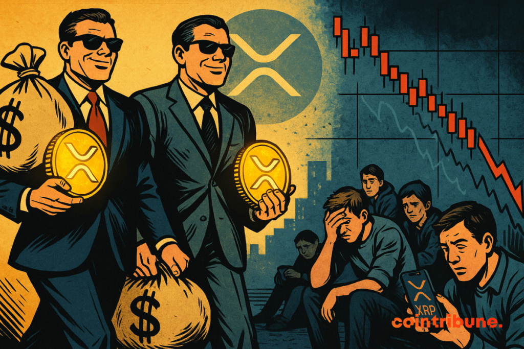 Investors walk off rich as traders sit by a crashing XRP chart.