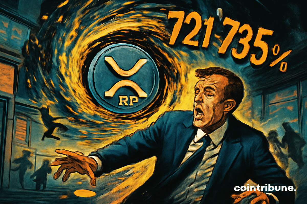 Um investidor de criptomoedas, um homem de meia-idade, vestido com um terno escuro, está parado à beira do vórtice, olhando a cena com uma expressão de pânico e confusão. Ele está completamente preso ao momento, incerto sobre o que fazer.
