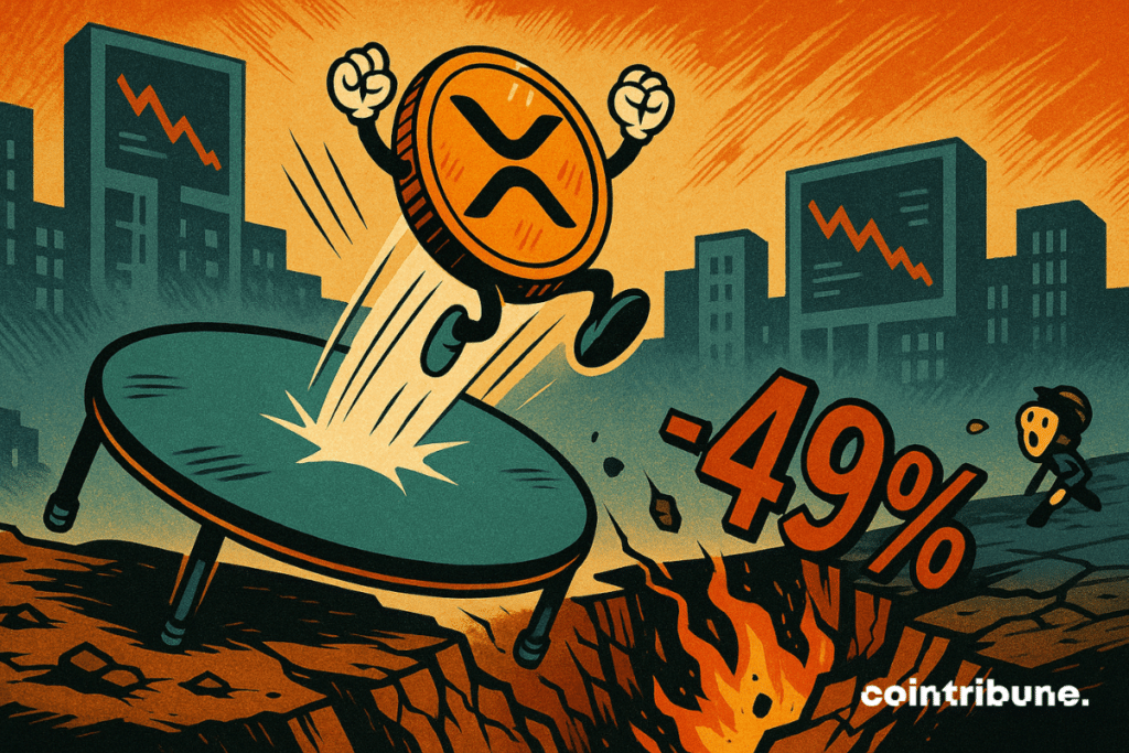 Un trampoline avec une pièce de la crypto XRP qui monte dans les airs, pendant que le sol s’effondre