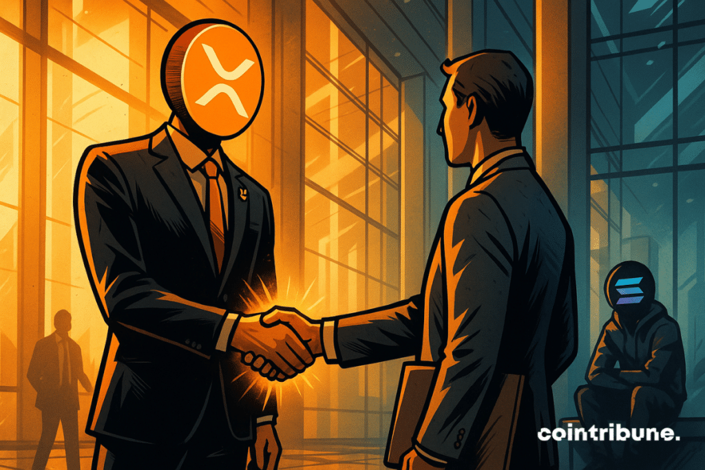 The handshake between XRP and a crypto investor in front of a personified Solana.