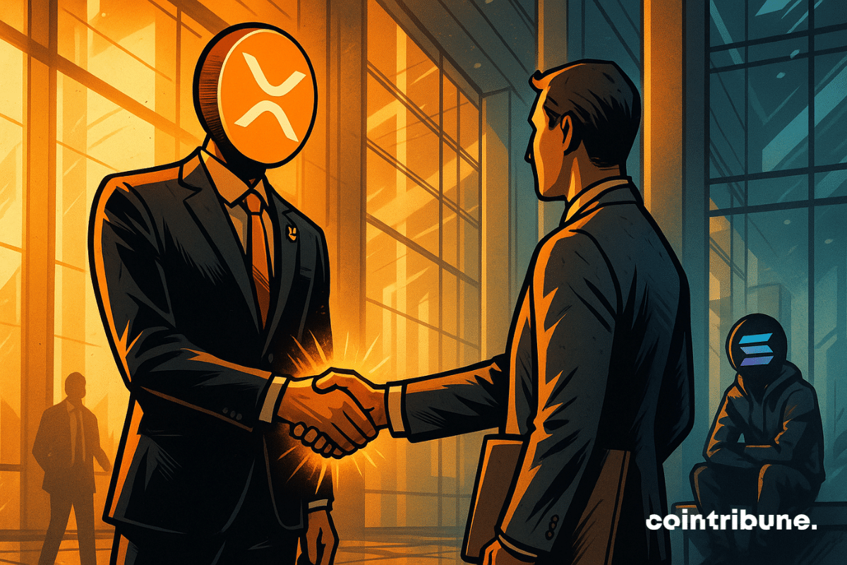 The handshake between XRP and a crypto investor in front of a personified Solana.