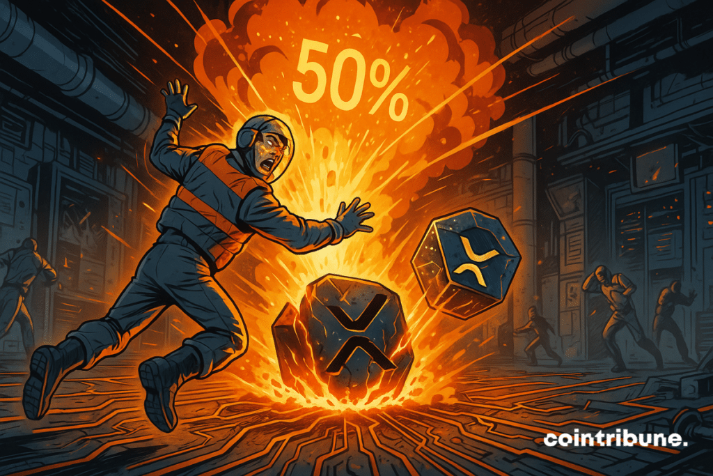 A crypto technician is thrown backward by an energy wave emanating from the ground. On the ground, a gigantic XRP logo made of stylized metal, split and illuminated from within, spits out blazing data lines and arcs of orange energy. A floating "50%" in digital numerals is projected above, like an unstable hologram.