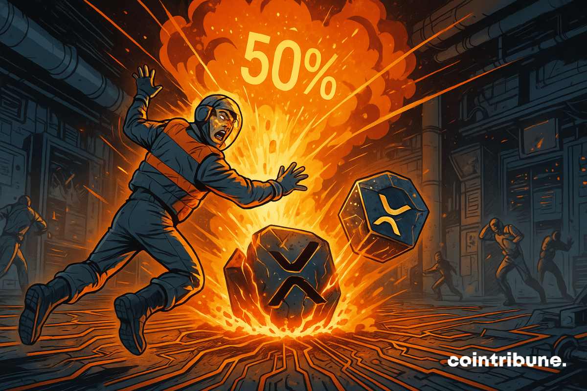 Un technicien crypto projeté en arrière par une vague énergétique issue du sol. Au sol, un logo XRP gigantesque en métal stylisé, fendu et illuminé de l’intérieur, crache des lignes de données flamboyantes et des arcs d’énergie orange. Un « 50 % » flottant en chiffres numériques est projeté au-dessus, comme un hologramme instable.