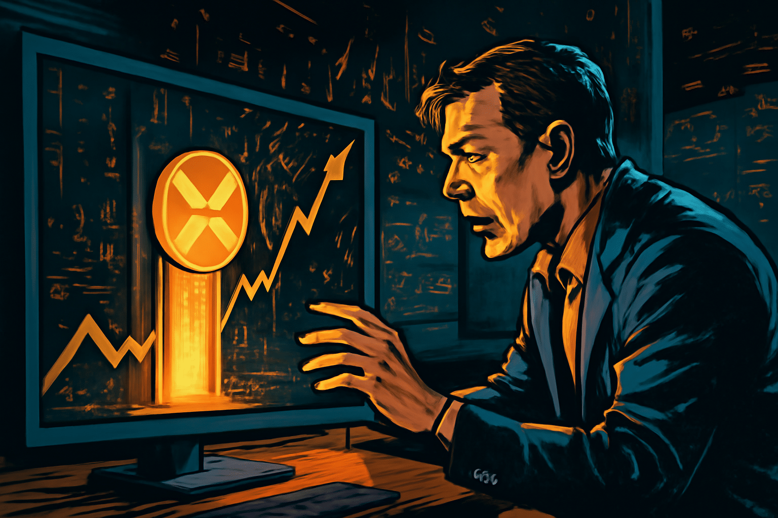 Un homme en costume regarde un écran avec le symbole du XRP qui décolle et une flèche ascendante