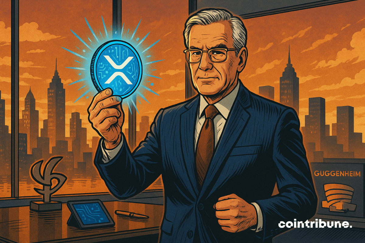 Un dirigeant de de Guggenheim, debout, le torse droit, une main en avant, tenant fermement une pièce de la crypto XRP scintillante.
