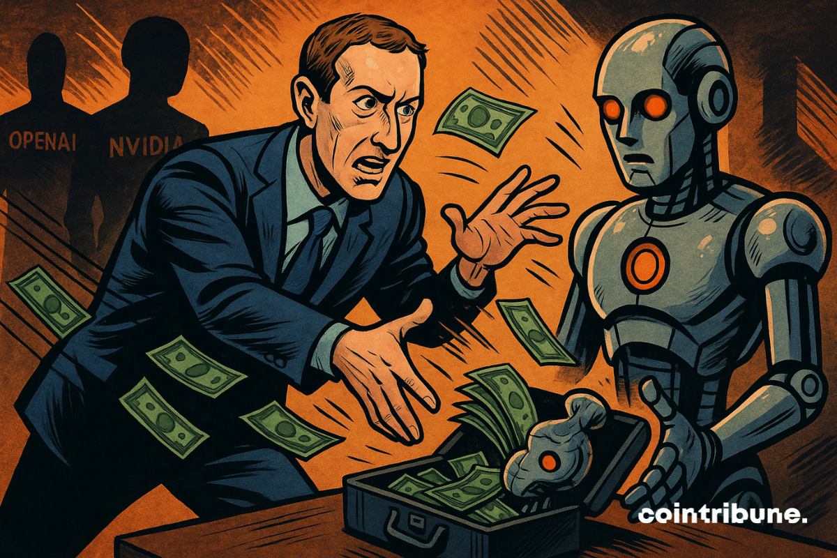 Caricatura de Mark Zuckerberg lanzando fajos de dólares a un robot