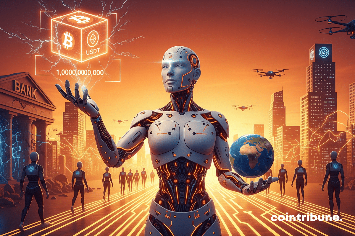 Futuristic AI holds up crypto wallet in front of ruined bank