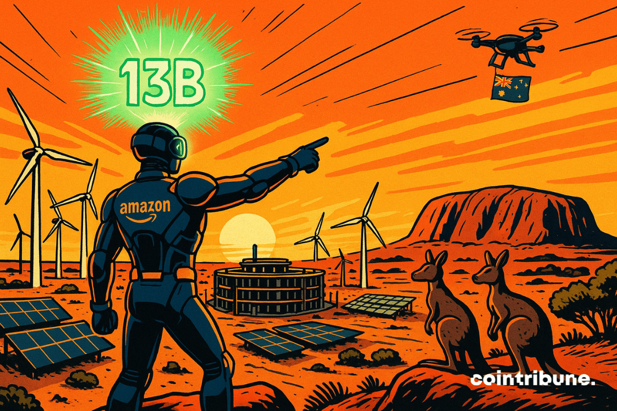 Scène dans l’outback australien, au coucher du soleil. Un ingénieur futuriste d'Amazon debout sur un rocher, en combinaison high-tech bleu foncé avec des touches orange fluorescentes, casque de réalité augmentée projetant un hologramme vert avec le chiffre "13B".