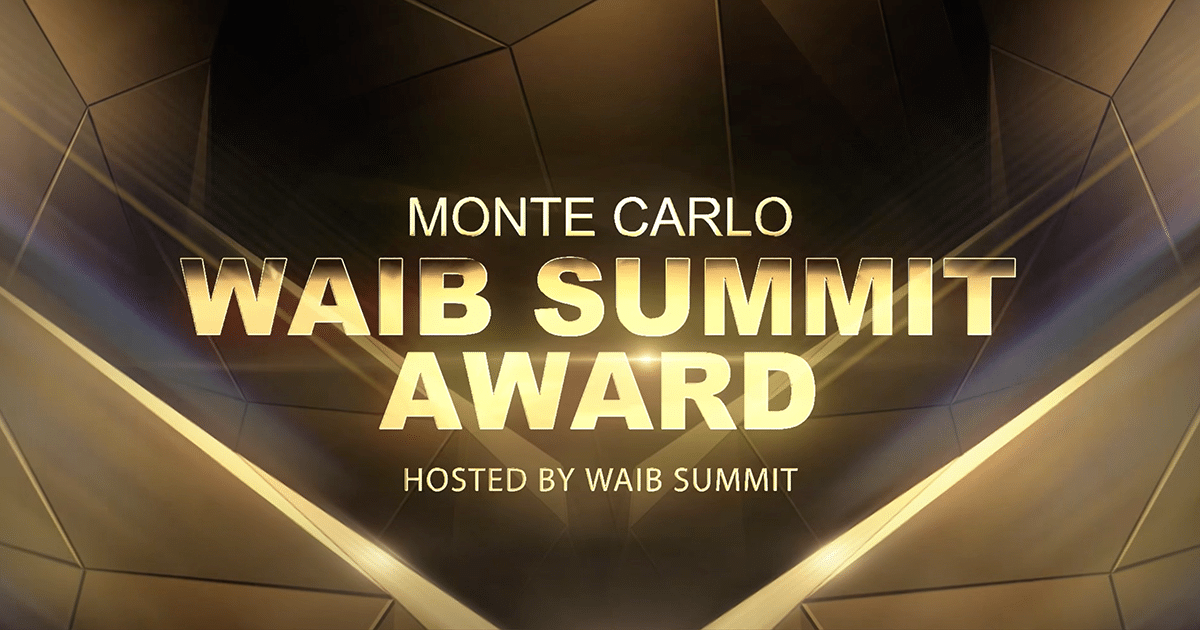 Golden text reads “Monte Carlo WAIB Summit Award” on a sleek, futuristic background with geometric light patterns.