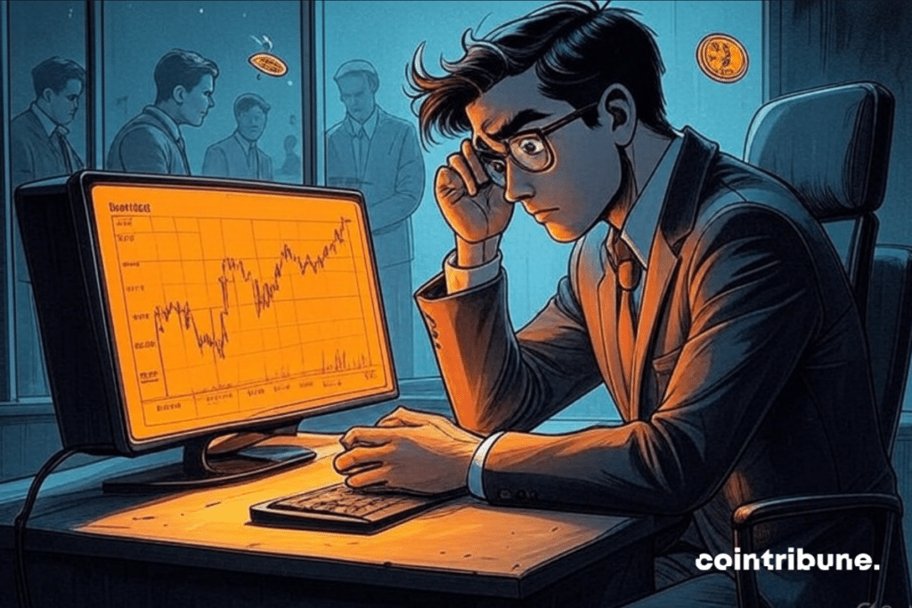 A 1970s comic book-style illustration, widescreen. A young crypto trader alone in a dark, cool-toned office, leaning forward, clutching his head in frustration. His face is lit by a large, bright orange screen displaying a BTC/USD chart frozen just before a peak, with the number