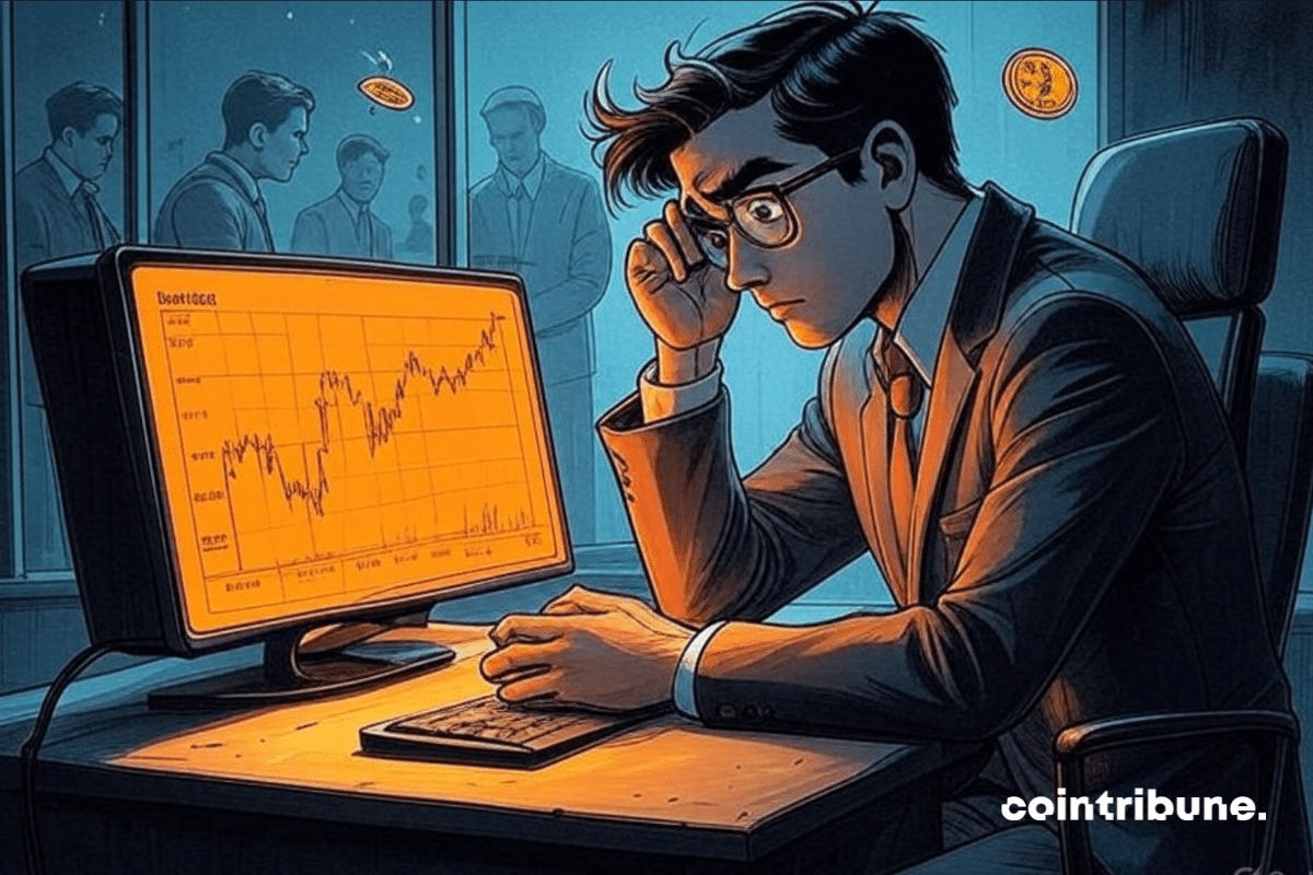 A 1970s comic book-style illustration, widescreen. A young crypto trader alone in a dark, cool-toned office, leaning forward, clutching his head in frustration. His face is lit by a large, bright orange screen displaying a BTC/USD chart frozen just before a peak, with the number "69000." A small, winged Bitcoin coin flutters upward. Sharp shadows, expressive lines, and a strong contrast between warm orange and cool blue.