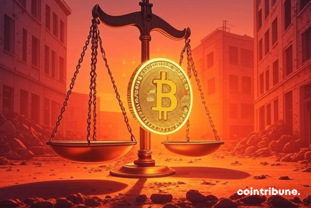 Una báscula gigante de estilo antiguo domina una plaza urbana devastada. Sobre ella, un símbolo de Bitcoin en 3D, con un intenso brillo naranja dorado, actúa como pivote. Ambos platillos de la báscula están vacíos, pero la atmósfera está saturada de una brillante luz naranja, creando un marcado contraste con el sombrío telón de fondo de una ciudad en ruinas. El estilo evoca los cómics de los años 70, con fuertes trazos de tinta y una composición dinámica.
