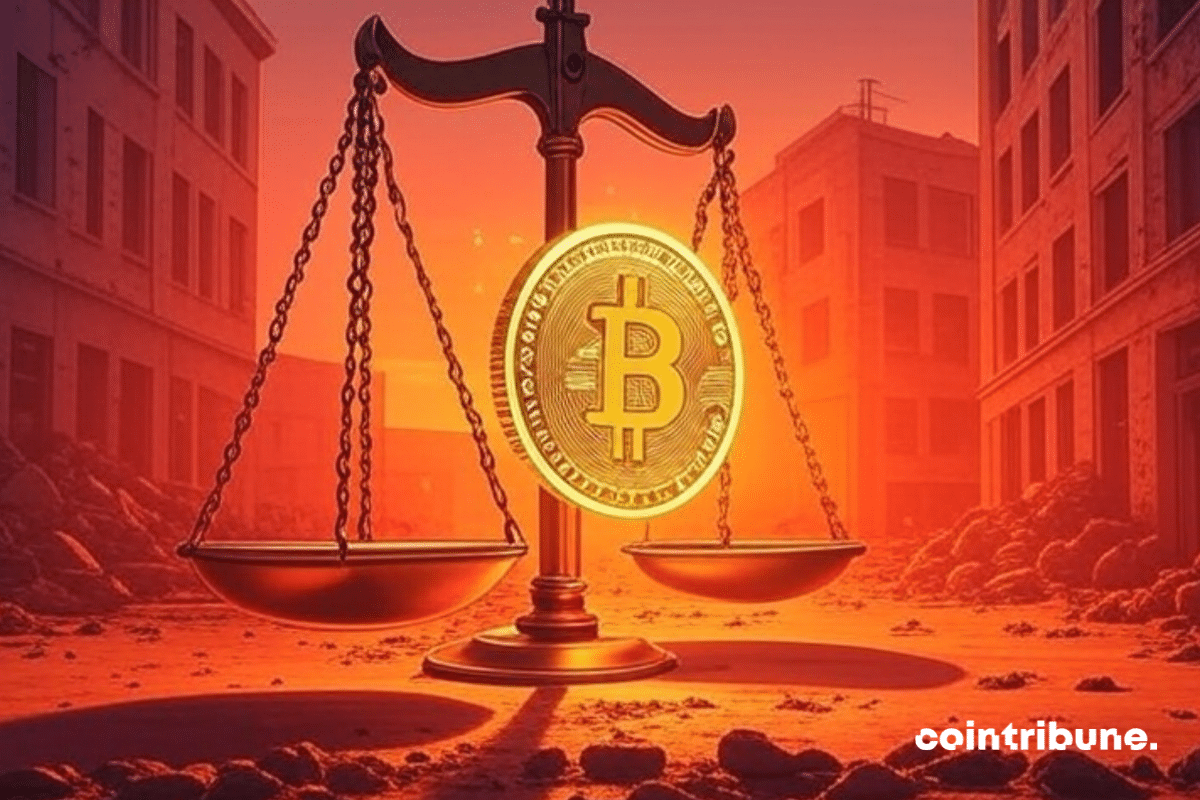 Une balance géante, style antique, domine une place urbaine dévastée. Au-dessus de la balance, un symbole Bitcoin en 3D, brillant d'un orange-doré intense, est intégré comme pivot. Les deux plateaux de la balance sont vides, mais l'atmosphère est saturée d'une lumière orange vive, créant un contraste saisissant avec le fond gritty d'une ville en ruines. Le style évoque les comics des années 1970, avec des traits d'encrage forts et une composition dynamique.