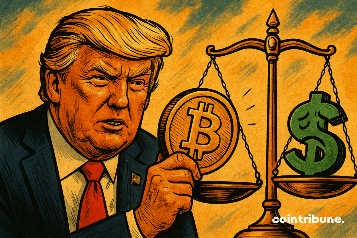 Donald Trump, en gros plan dans un style bande dessinée des années 70, tient fermement une pièce de Bitcoin sur une balance qui penche clairement en faveur de la cryptomonnaie. En face, un symbole du dollar au visage triste est visiblement désavantagé. Le fond aux teintes orange dramatise la scène et symbolise la montée en puissance du Bitcoin face au dollar.