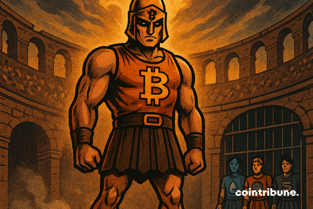 Bitcoin personificado como un gladiador en el centro de la arena. En postura desafiante. Mirada seria y penetrante.