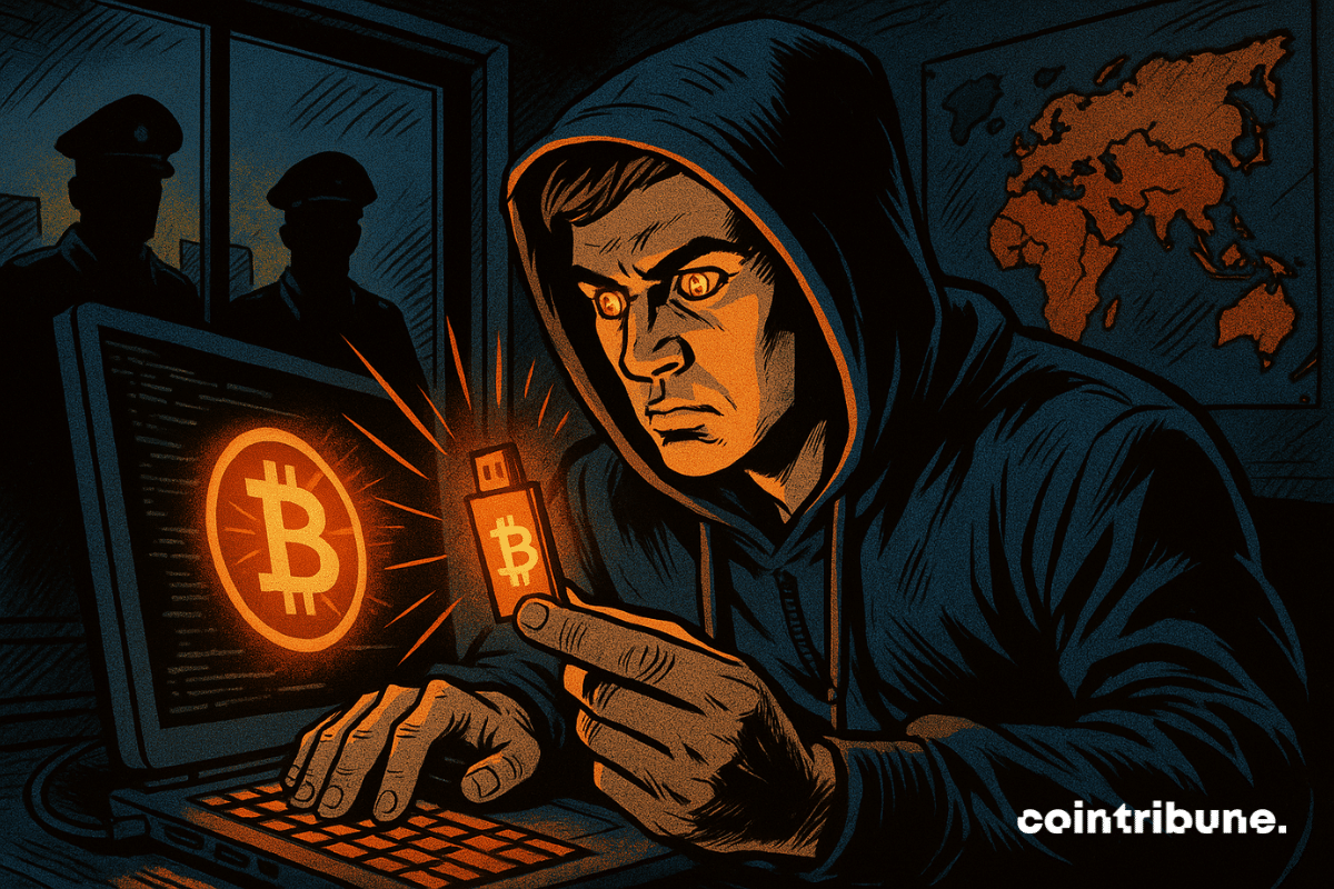 Un hacker déterminé, éclairé par la lueur orange d’un logo Bitcoin, tient une clé USB cryptée. Derrière lui, des militaires l’observent, symbolisant la surveillance dans un monde oppressif..