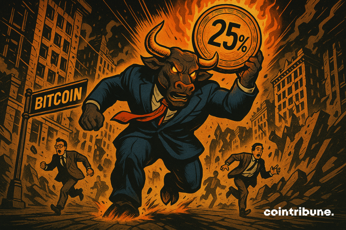Un taureau anthropomorphe en costume surgit sur Wall Street en ruine, brandissant une pièce Bitcoin en flammes marquée « 25% », semant chaos et panique parmi les traders en fuite.