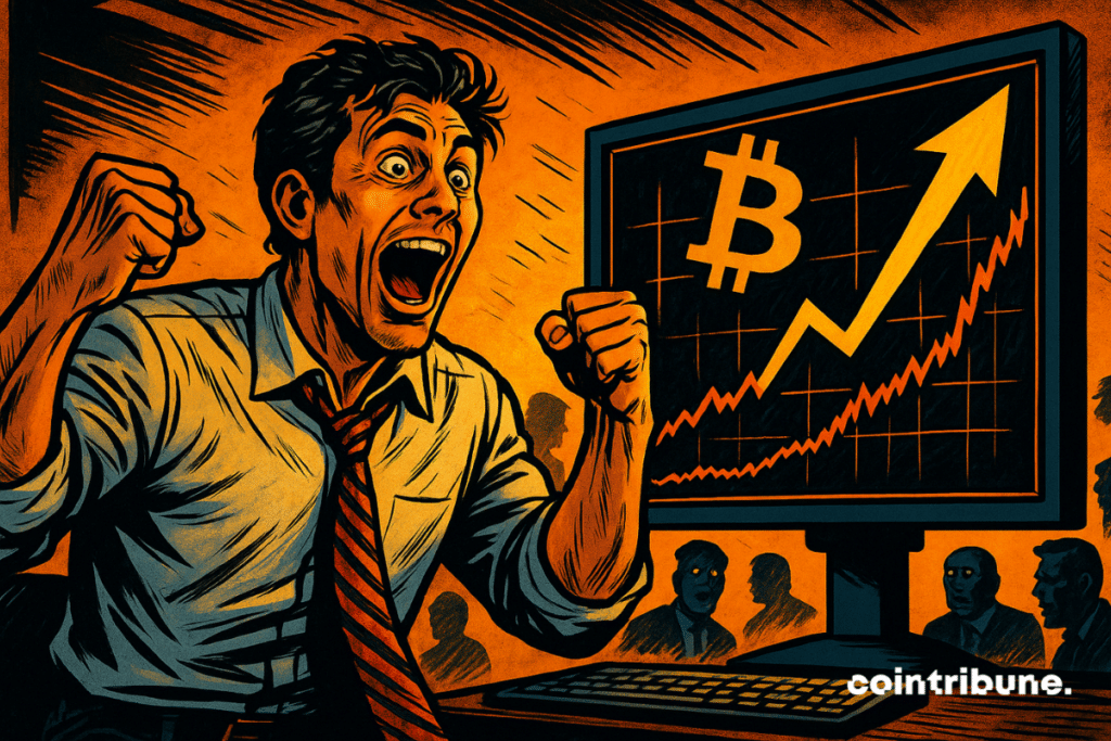 An euphoric trader bursts with joy in front of a screen showing Bitcoin's spectacular rise. The electrifying atmosphere, shocked silhouettes, and bright colors heighten the dramatic tension.