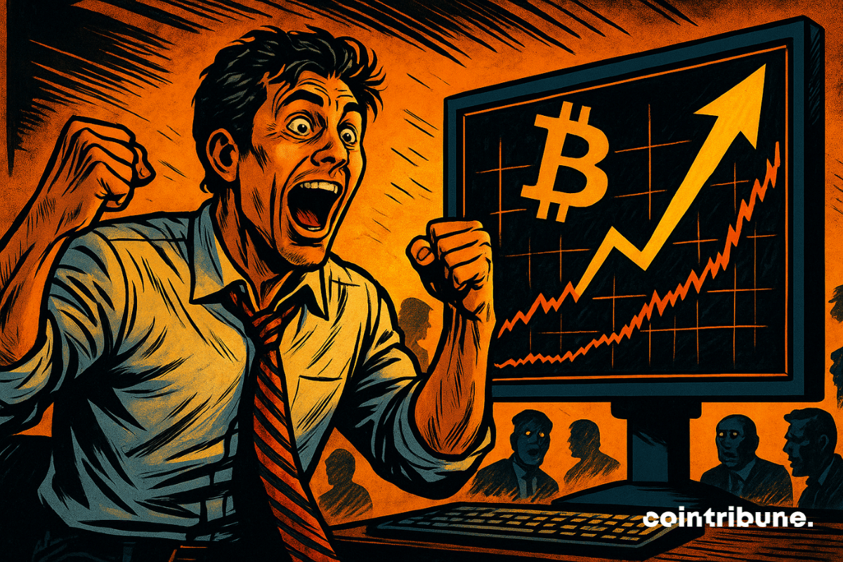 Un trader euphorique explose de joie devant un écran montrant une envolée spectaculaire du Bitcoin. L’ambiance électrisante, les silhouettes choquées et les couleurs vives renforcent la tension dramatique.