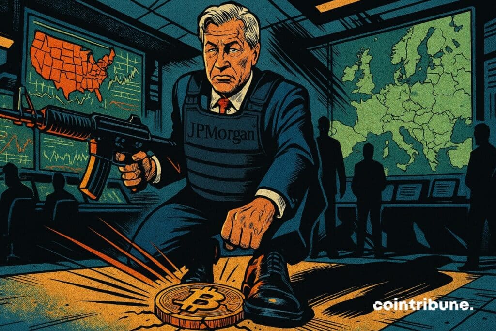 Le PDG de JPMorgan dans une salle de commandement avec un gilet pare-balles, et une pièce de bitcoin qu’il écrase avec son pied. En arme, il a une arme à feu.