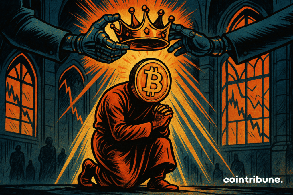 Dans une cathédrale futuriste aux vitraux incandescents, une figure humanoïde à tête de Bitcoin s’agenouille dans une lumière divine. Des mains robotiques, symboles de l’IA ou du destin numérique, placent une couronne au-dessus de sa tête. En arrière-plan, les courbes boursières déclinantes des autres cryptos accentuent la scène de sacre : le Bitcoin devient roi dans un monde en ruines.