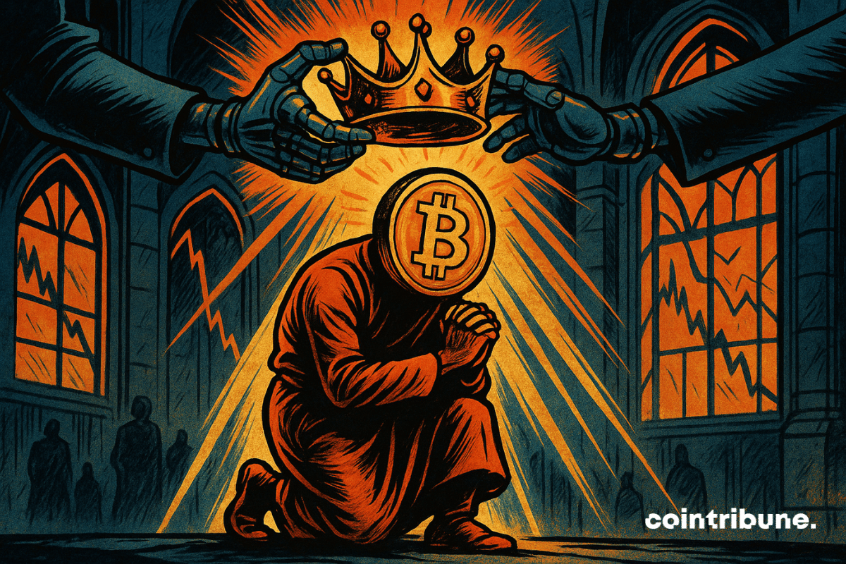 Dans une cathédrale futuriste aux vitraux incandescents, une figure humanoïde à tête de Bitcoin s’agenouille dans une lumière divine. Des mains robotiques, symboles de l’IA ou du destin numérique, placent une couronne au-dessus de sa tête. En arrière-plan, les courbes boursières déclinantes des autres cryptos accentuent la scène de sacre : le Bitcoin devient roi dans un monde en ruines.