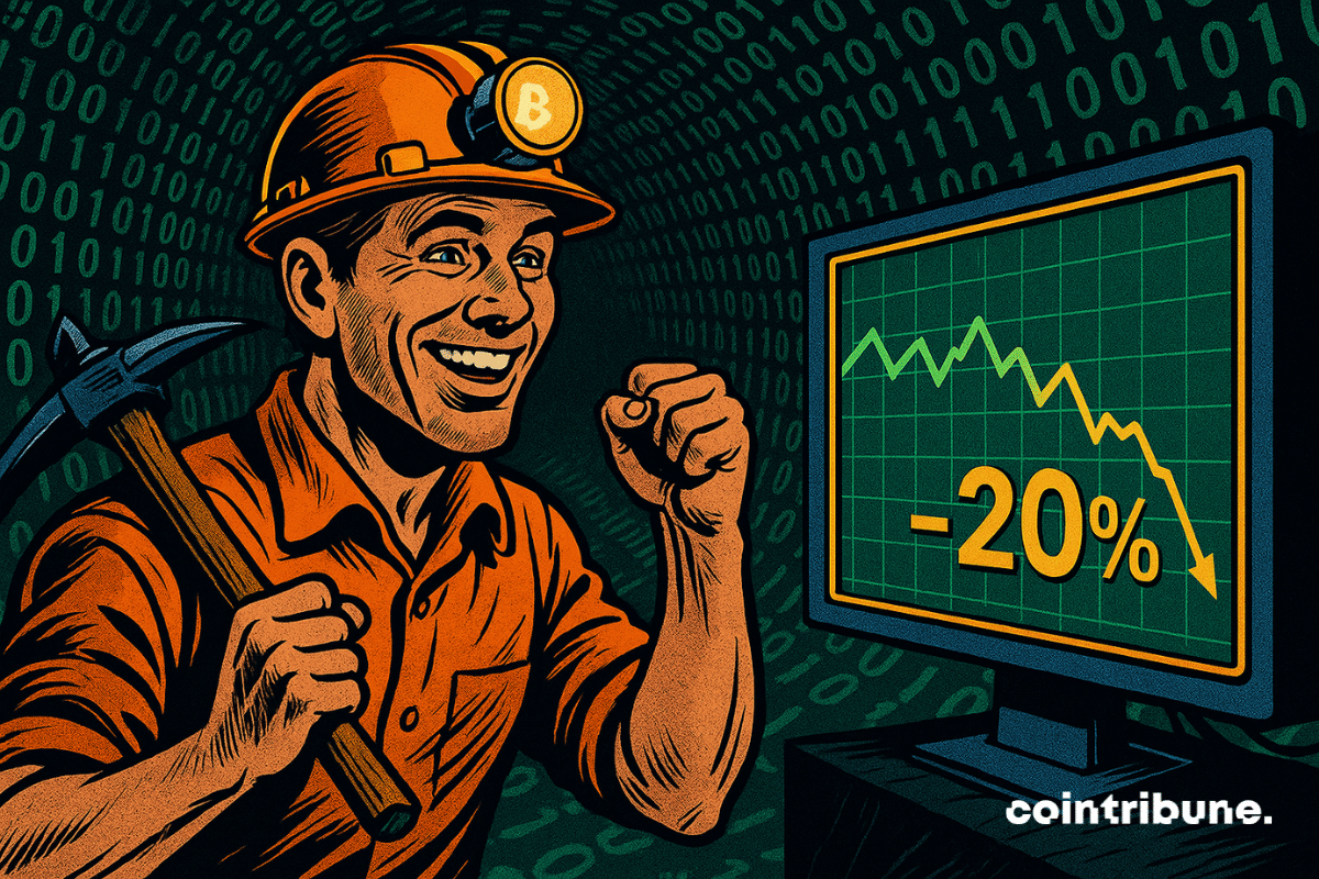 Um minerador sorridente, vestindo um uniforme laranja e um capacete com o logotipo do Bitcoin estampado, está em um túnel digital cujas paredes são cobertas por números binários verdes, que lembram Matrix. Ele segura uma picareta sobre o ombro enquanto olha para uma grande tela futurista exibindo um gráfico de queda de 20%, ilustrado em laranja. A atmosfera combina alta tecnologia com a estética retrô dos quadrinhos dos anos 70.