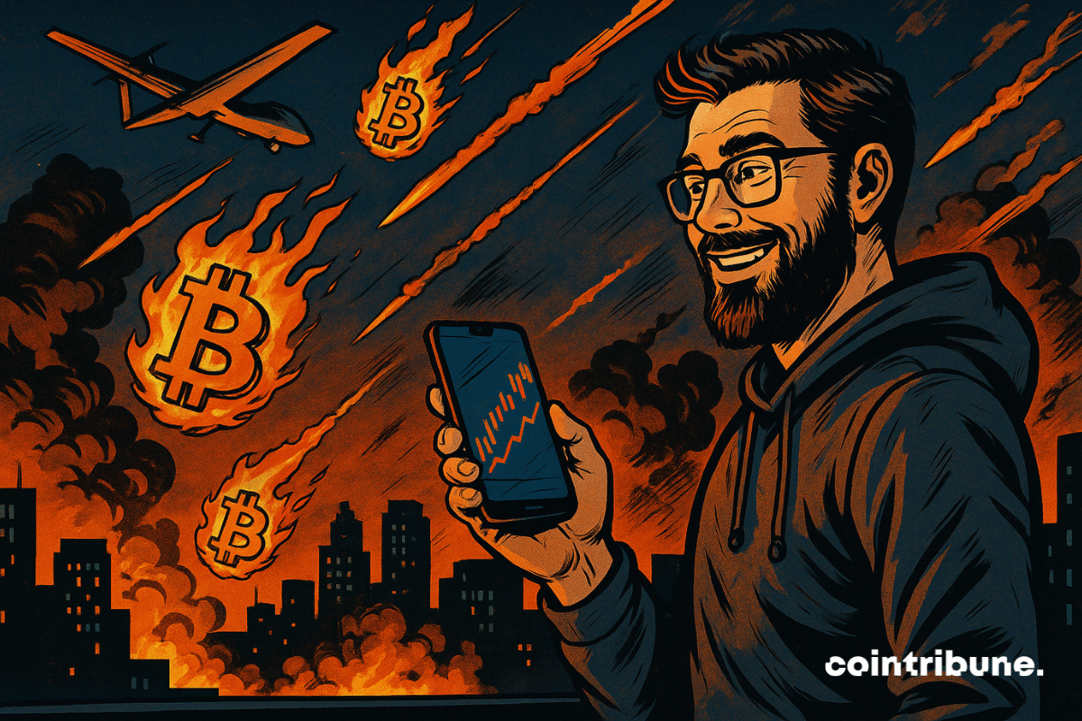 Un trader de Bitcoin souriant observe son smartphone affichant un graphique haussier, tandis que des BTC en flammes tombent du ciel, sur fond de drones et d’explosions illuminant une ville nocturne.