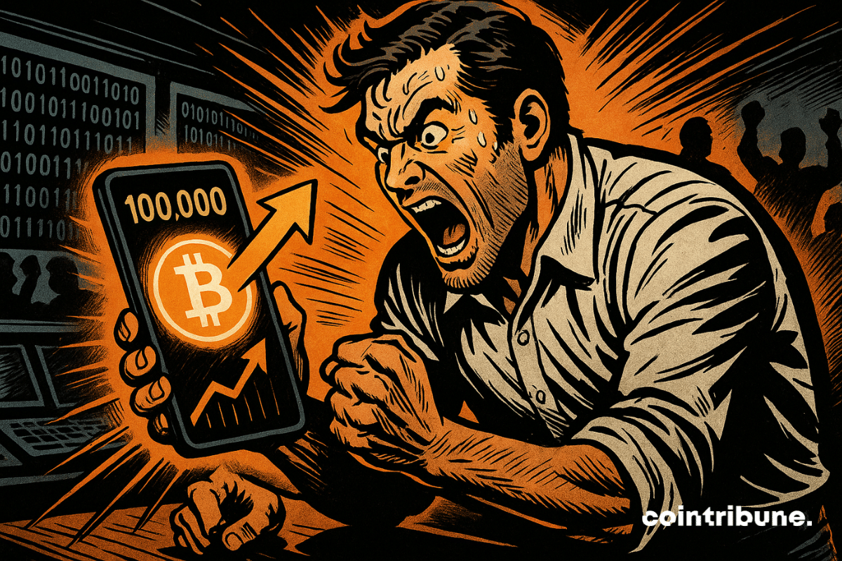 Un operador bursátil con camisa, rostro sudoroso y mirada atónita, sosteniendo un smartphone que muestra un gráfico ascendente de Bitcoin. Fondo negro y naranja brillante, líneas dinámicas que resaltan la emoción y la tensión palpable.