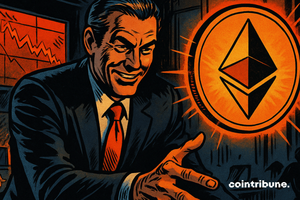 Dans une salle de marché en crise, un homme en costume tend la main vers un Ethereum lumineux, tandis que des silhouettes paniquées fuient, soulignant la tension d’un krach financier imminent.