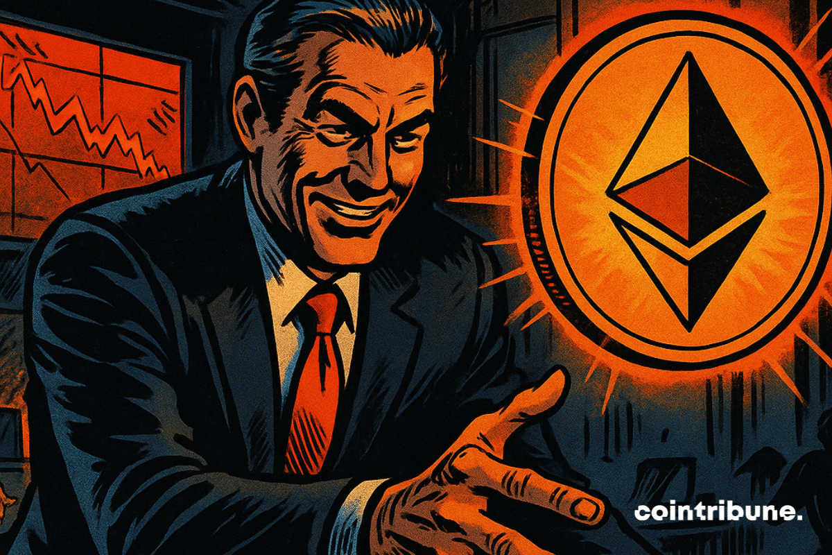 Dans une salle de marché en crise, un homme en costume tend la main vers un Ethereum lumineux, tandis que des silhouettes paniquées fuient, soulignant la tension d’un krach financier imminent.