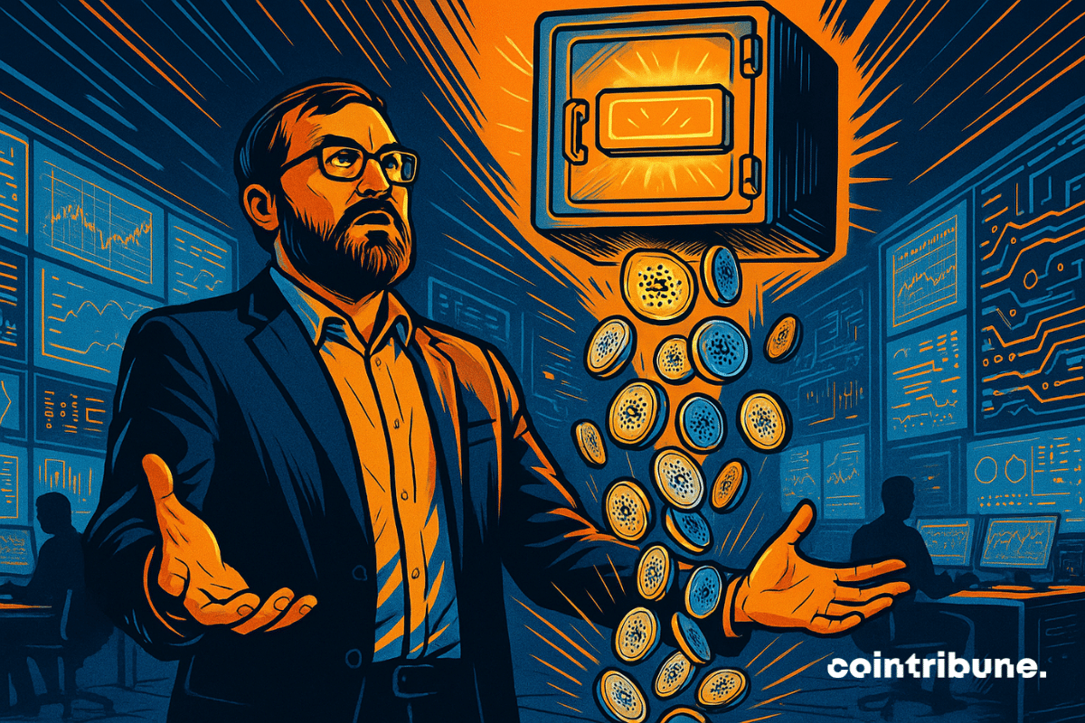 Charles Hoskinson, son fondateur de Cardano fait apparaître des ADA depuis un coffre digital, dans un bureau futuriste rempli d’écrans holographiques lumineux.