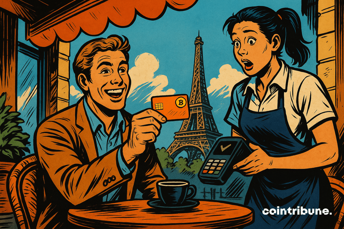 Terrasse d’un café parisien typique, vue en légère contre-plongée. Un jeune homme élégant en veste légère, tendant une carte crypto métallique orange avec un grand sourire.