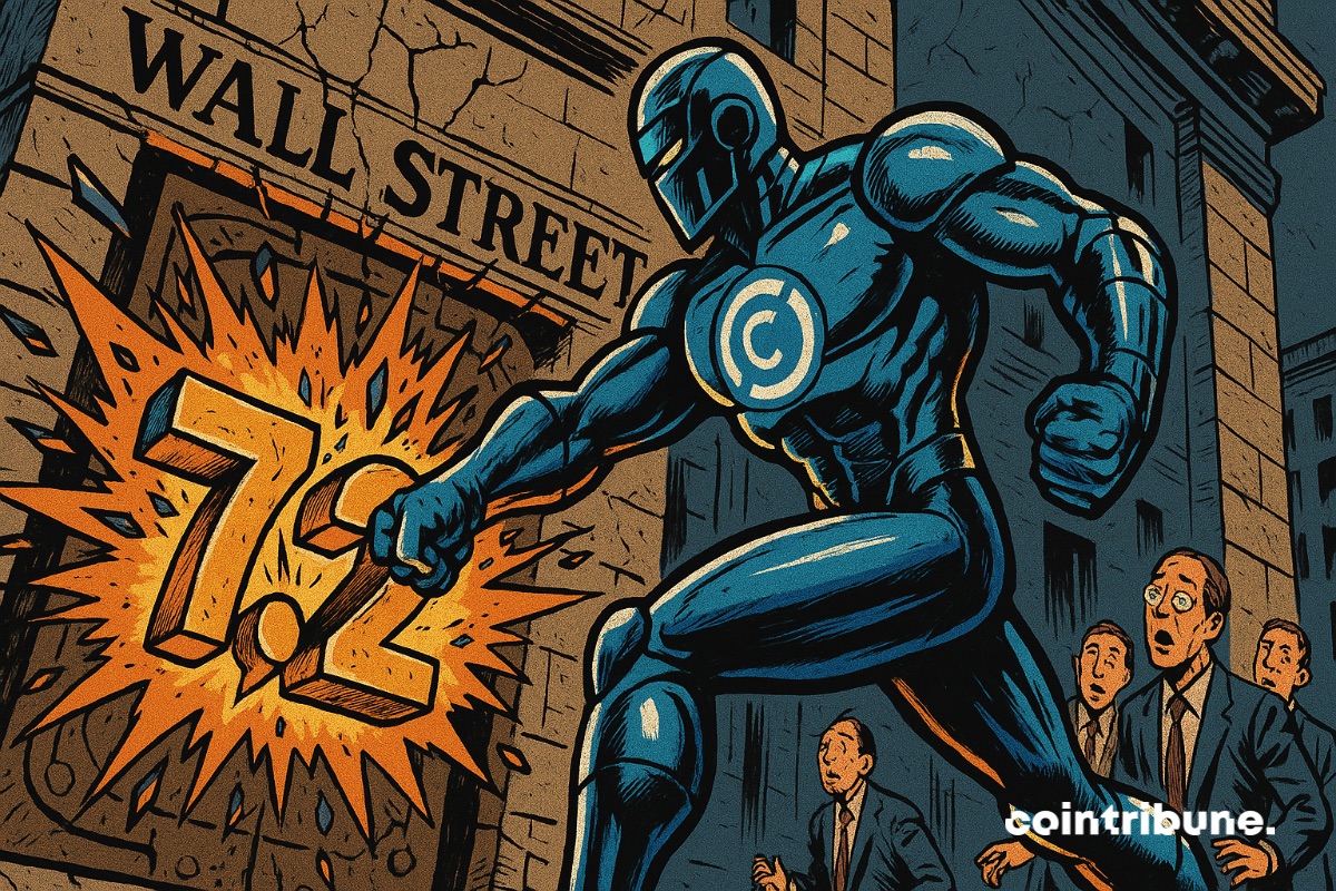 Un chevalier en armure métallique de l’émetteur des stablecoins crypto, Circle, qui casse une porte de la bourse de Wall Street pour y entrer, avec 7,2 millards de dollars écrit dessus.