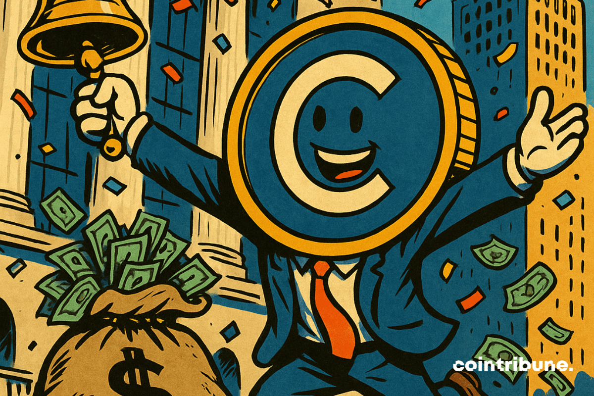 El director ejecutivo de Circle o la mascota criptográfica (estilo caricatura, traje elegante), sonriendo, levantando un brazo y sosteniendo una campana dorada de salida a bolsa. Una gran bolsa con la inscripción « 000 000 000» abierta, con billetes cayendo al suelo sin que el personaje se dé cuenta.