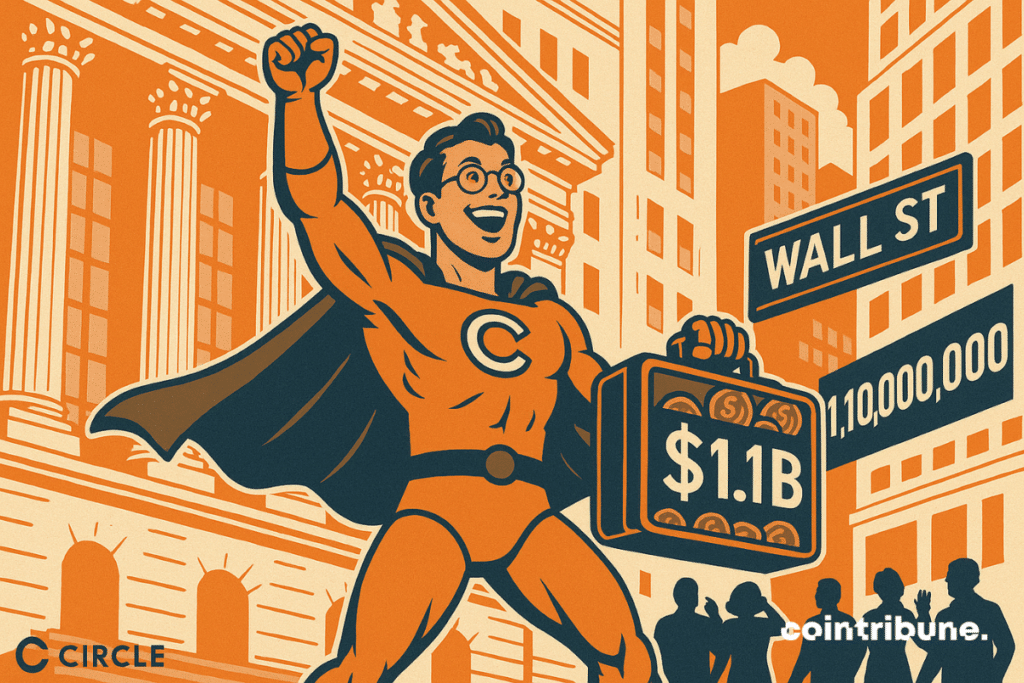 Plan en contre-plongée dynamique sur les marches de Wall Street, avec le taureau doré au second plan. Fondateur de Circle personnifié en super-héros tech.