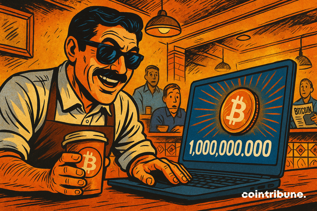 A barista (coffee apron, thin mustache), wearing businessman-style sunglasses. Leaning over a screen displaying a crypto portfolio worth ,000,000,000 in Bitcoin.