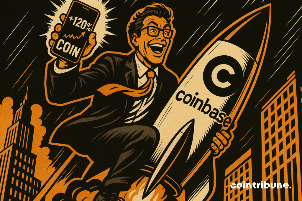 Un trader euphorique s’envole sur une fusée Coinbase, smartphone en main affichant +120 %. Explosion orange, style comics 70s. Une scène percutante incarnant la folie haussière crypto.