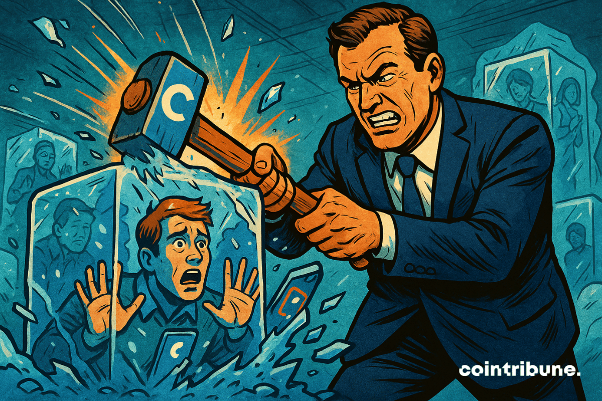 Homem de terno corporativo (CEO), franzindo a testa, segurando um martelo brilhante adornado com o logotipo da Coinbase. Ele atinge um enorme bloco de gelo contendo um usuário preso, com as mãos estendidas para fora do bloco.