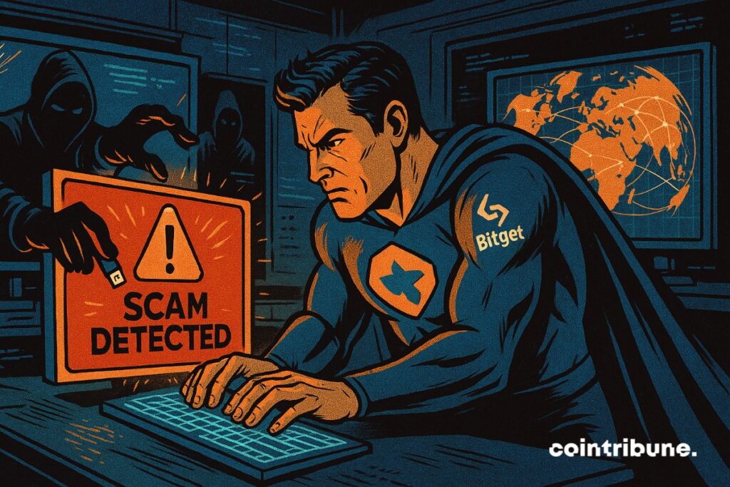 A Bitget superhero fighting a crypto hacker.