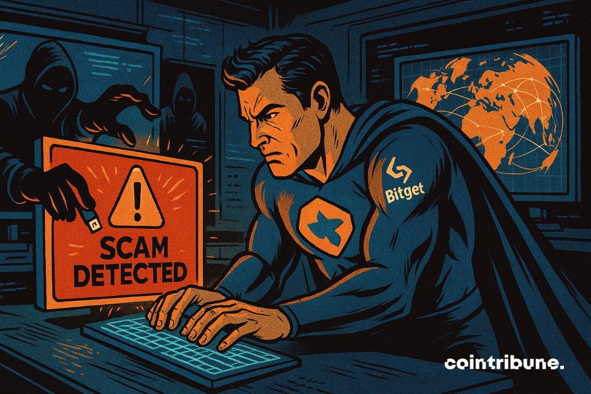 A Bitget superhero fighting a crypto hacker.